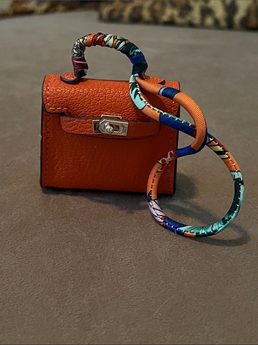 Mini Orange Leather Bag Charm with Colorful Twill Strap